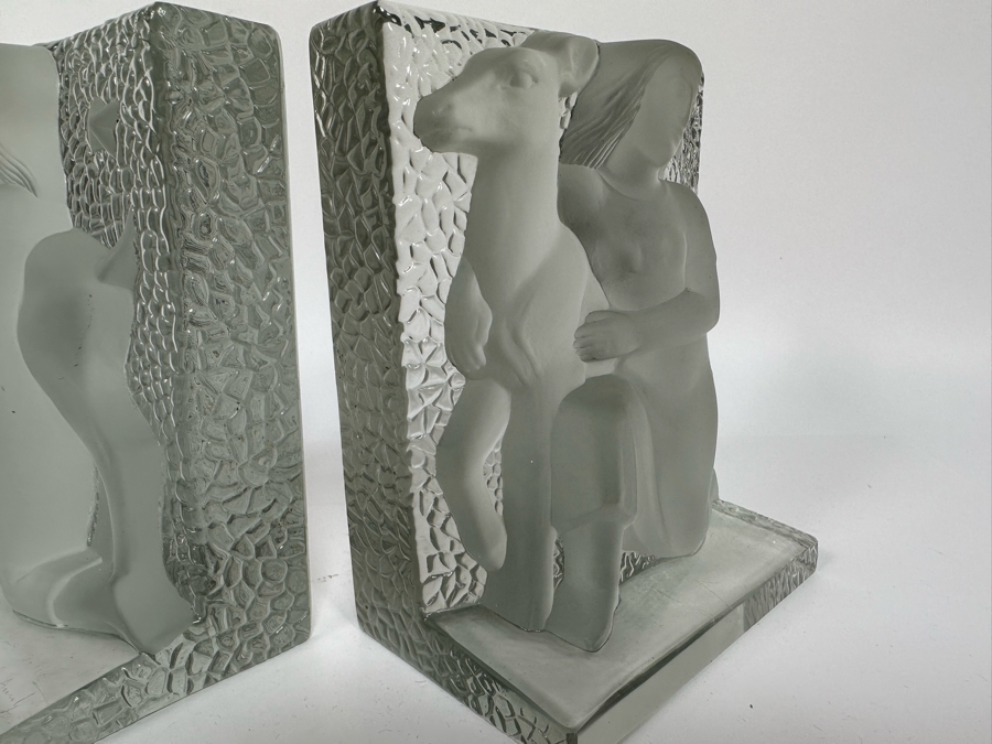 Vintage Art Deco Signed Carl Schmitz Verlys Frosted Glass Girl With Deer Bookends 5W X 3D X 6.5H [Photo 11]