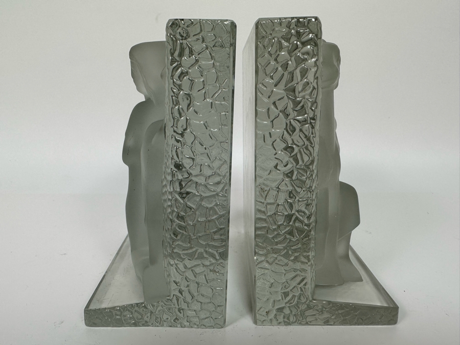 Vintage Art Deco Signed Carl Schmitz Verlys Frosted Glass Girl With Deer Bookends 5W X 3D X 6.5H [Photo 12]