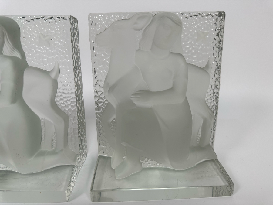Vintage Art Deco Signed Carl Schmitz Verlys Frosted Glass Girl With Deer Bookends 5W X 3D X 6.5H [Photo 6]