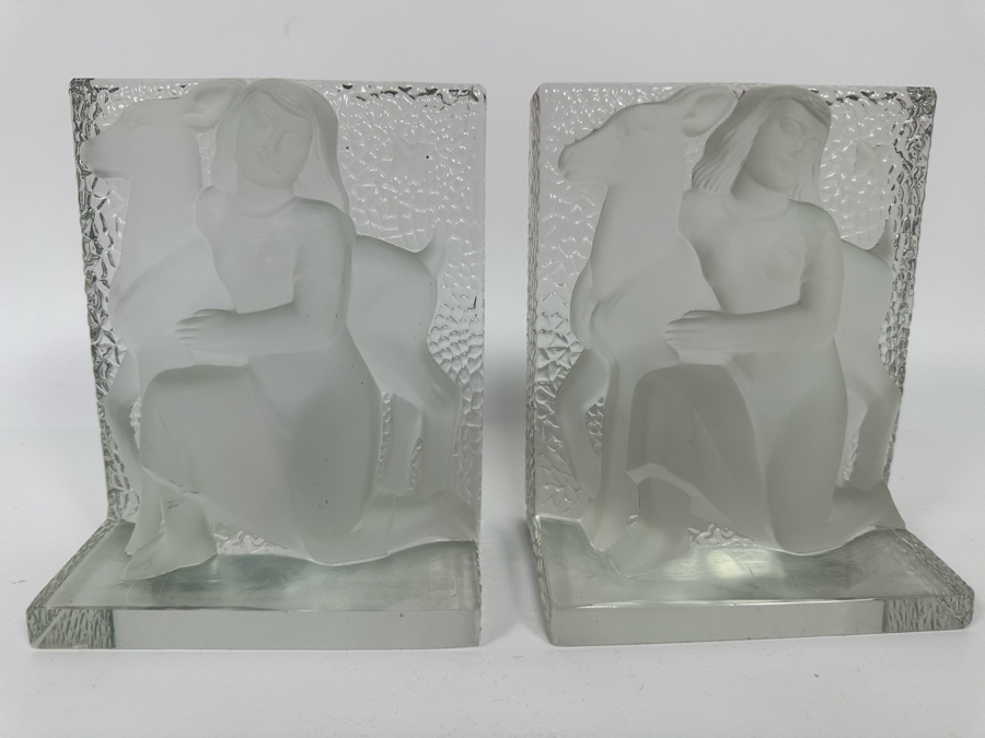 Vintage Art Deco Signed Carl Schmitz Verlys Frosted Glass Girl With Deer Bookends 5W X 3D X 6.5H [Photo 3]
