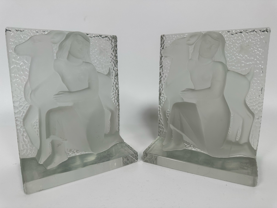 Vintage Art Deco Signed Carl Schmitz Verlys Frosted Glass Girl With Deer Bookends 5W X 3D X 6.5H [Photo 7]