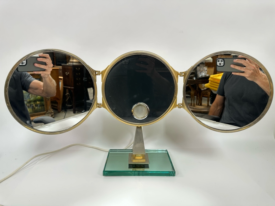 Vintage Art Deco Vanity Make Up Mirror Folding With Light And Electrical Receptacle By Mirophar BROT Paris France 10.5W X 6D X 15H [Photo 5]