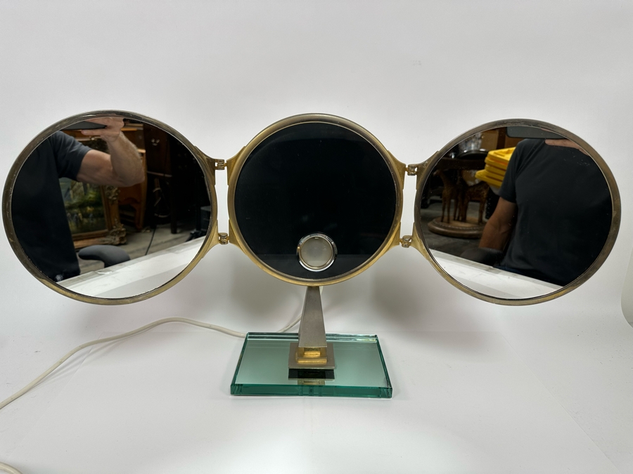 Vintage Art Deco Vanity Make Up Mirror Folding With Light And Electrical Receptacle By Mirophar BROT Paris France 10.5W X 6D X 15H [Photo 4]