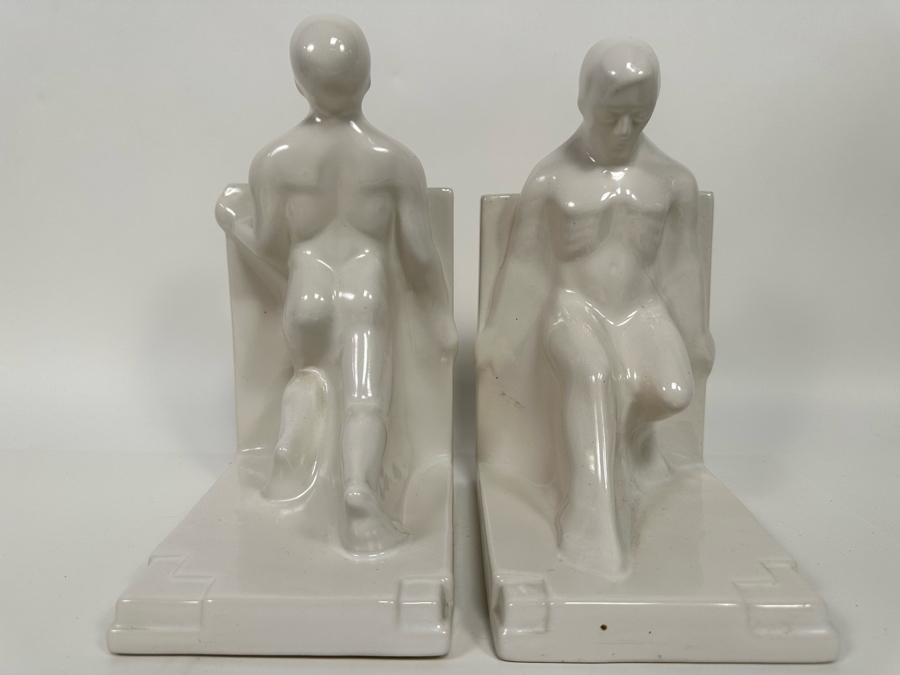 Vintage Art Deco Godefridus Boonekamp For Plateelbakkerij Schoonhoven White Glazed Ceramic Bookends 16W X 5.5D X 10.5H [Photo 8]