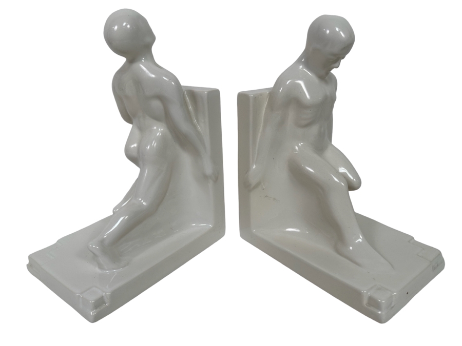 Vintage Art Deco Godefridus Boonekamp For Plateelbakkerij Schoonhoven White Glazed Ceramic Bookends 16W X 5.5D X 10.5H