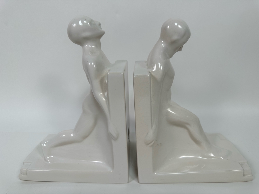 Vintage Art Deco Godefridus Boonekamp For Plateelbakkerij Schoonhoven White Glazed Ceramic Bookends 16W X 5.5D X 10.5H [Photo 4]