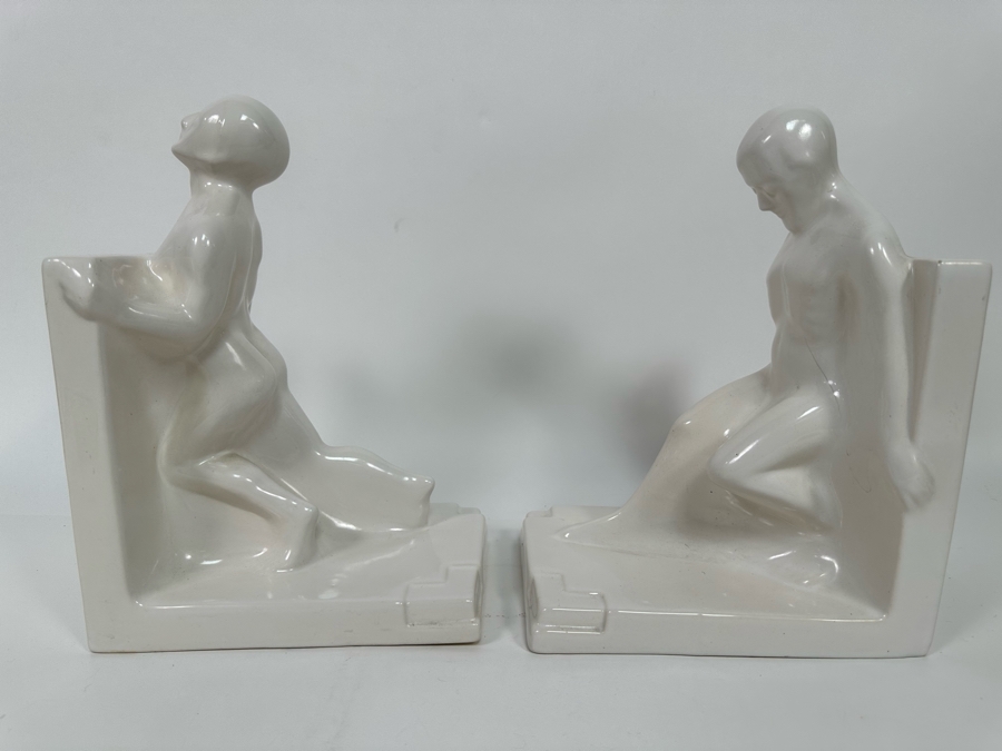 Vintage Art Deco Godefridus Boonekamp For Plateelbakkerij Schoonhoven White Glazed Ceramic Bookends 16W X 5.5D X 10.5H [Photo 10]