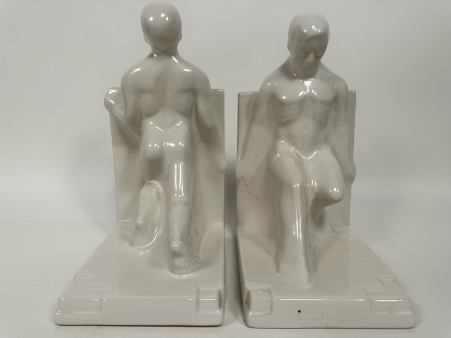 Vintage Art Deco Godefridus Boonekamp For Plateelbakkerij Schoonhoven White Glazed Ceramic Bookends 16W X 5.5D X 10.5H [Photo 7]