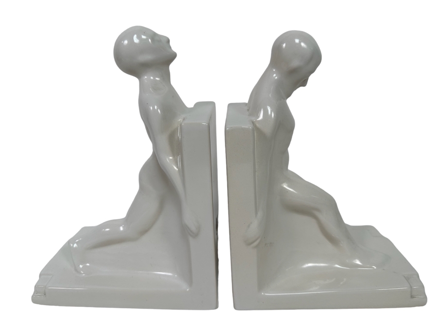 Vintage Art Deco Godefridus Boonekamp For Plateelbakkerij Schoonhoven White Glazed Ceramic Bookends 16W X 5.5D X 10.5H [Photo 2]