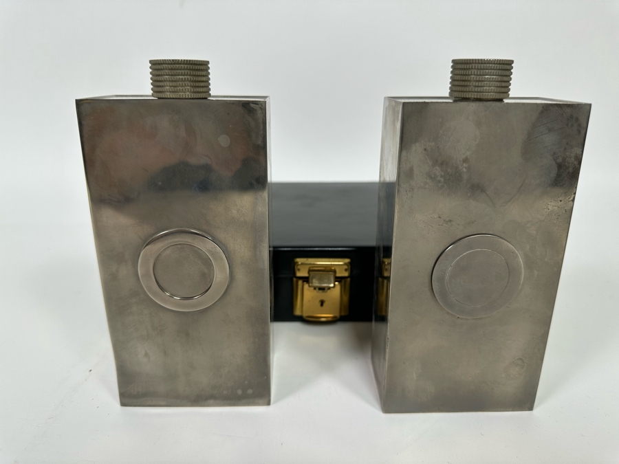 Pair Of Vintage Tin-Lined Stainless Steel Flasks With Case 6.75W X 7D X 2H Made In Germany  [Photo 5]