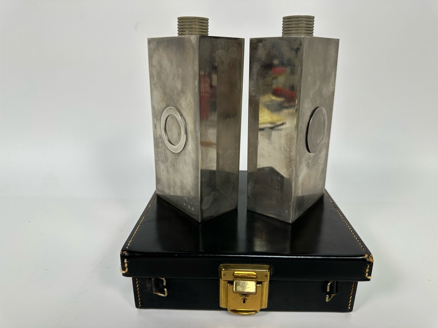 Pair Of Vintage Tin-Lined Stainless Steel Flasks With Case 6.75W X 7D X 2H Made In Germany  [Photo 4]