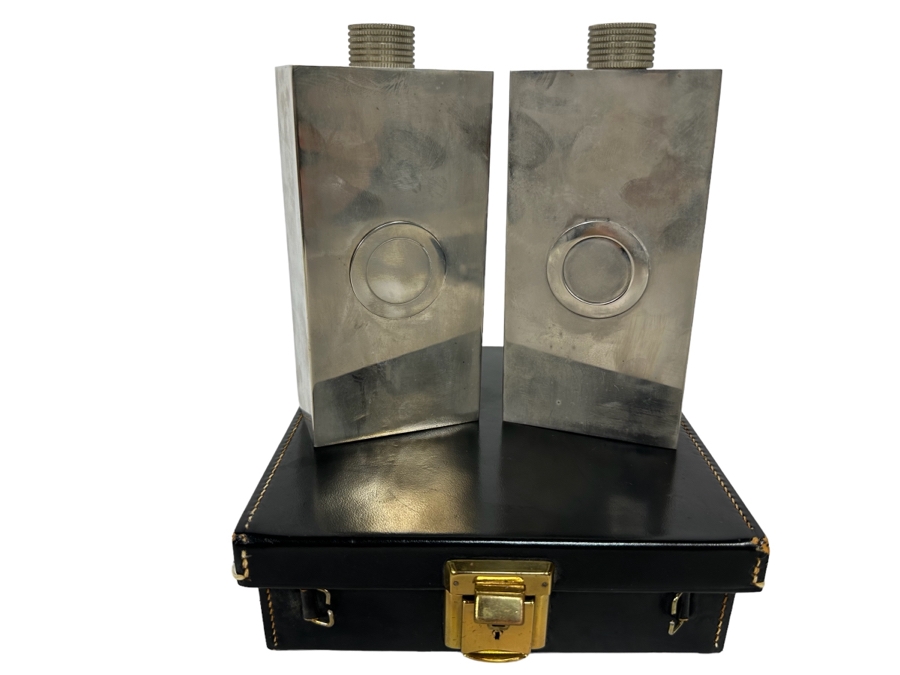 Pair Of Vintage Tin-Lined Stainless Steel Flasks With Case 6.75W X 7D X 2H Made In Germany 