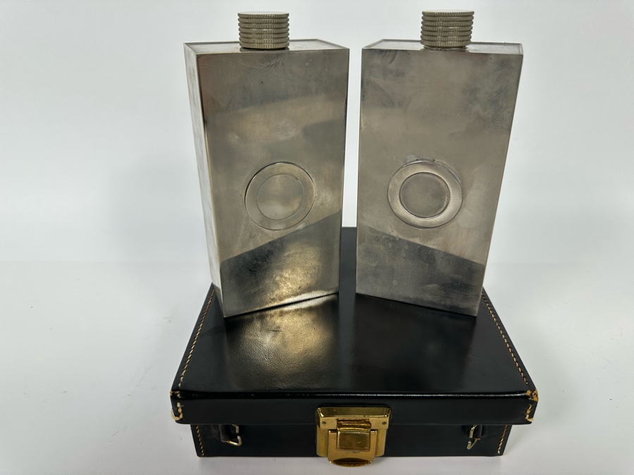 Pair Of Vintage Tin-Lined Stainless Steel Flasks With Case 6.75W X 7D X 2H Made In Germany  [Photo 3]