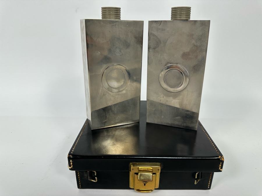 Pair Of Vintage Tin-Lined Stainless Steel Flasks With Case 6.75W X 7D X 2H Made In Germany  [Photo 2]