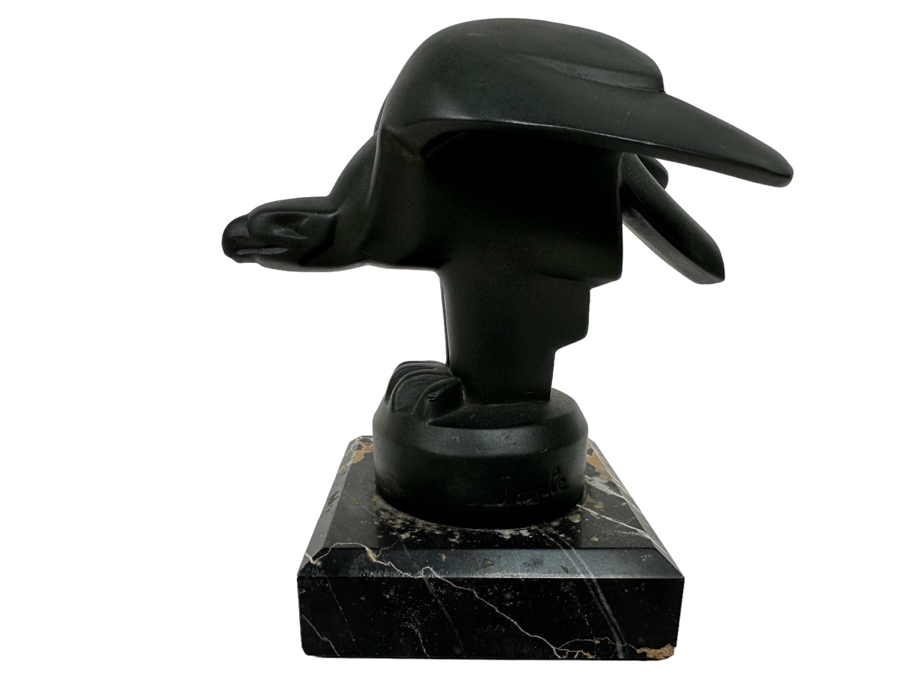 Vintage Art Deco Signed Janle Max Le Verrier Metal Mascot Eagle Sculpture Bookend On Marble Base 5W X 3D X 5H