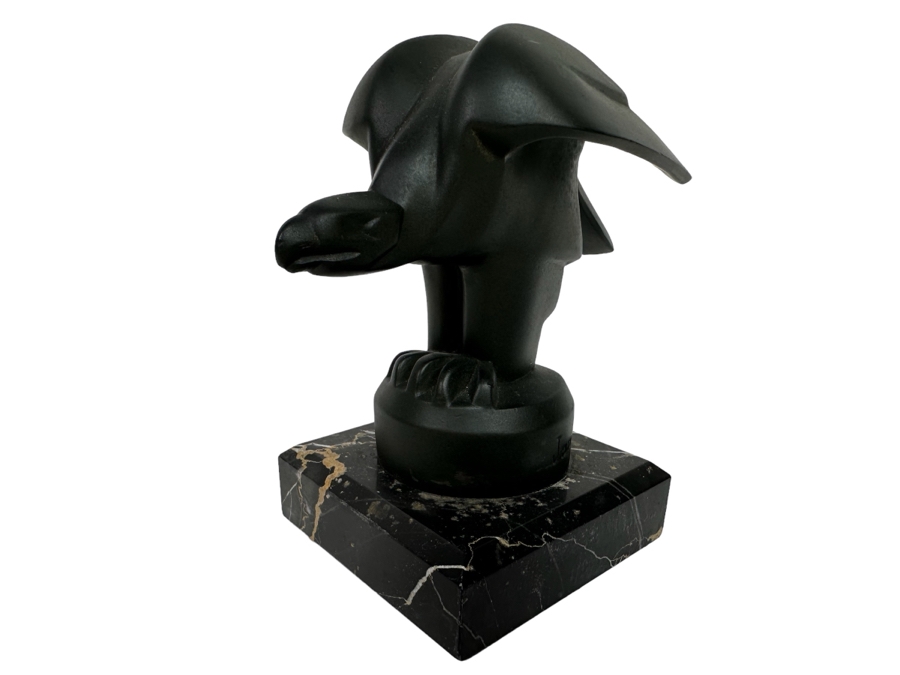 Vintage Art Deco Signed Janle Max Le Verrier Metal Mascot Eagle Sculpture Bookend On Marble Base 5W X 3D X 5H [Photo 2]