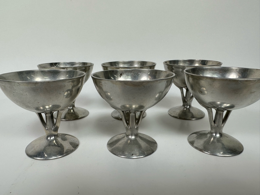 Vintage Art Deco Machine Age Aluminum Footed Ice Cream Bowls, Set Of Six 3.5W X 3.5H [Photo 2]
