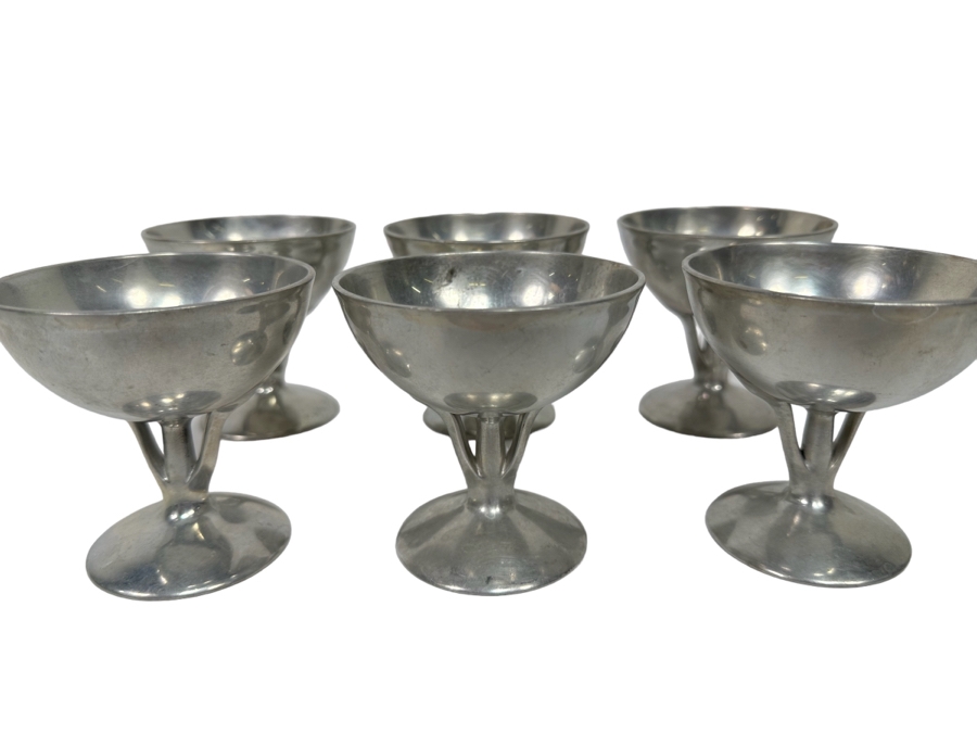 Vintage Art Deco Machine Age Aluminum Footed Ice Cream Bowls, Set Of Six 3.5W X 3.5H