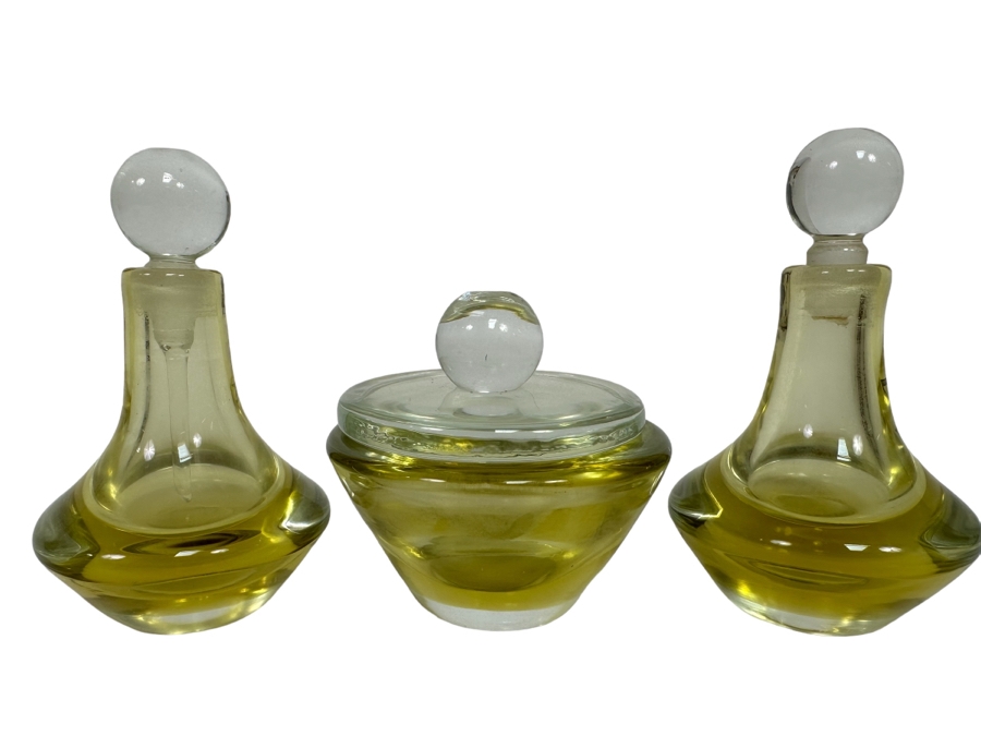Vintage Italian Murano Glass Set Featuring Lidded Box And Pair Of Perfume Bottles With Broken Stoppers [Photo 1]