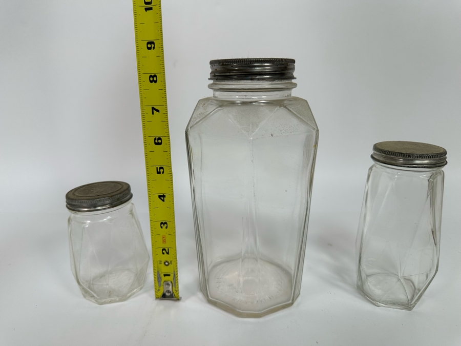 Set Of Three Vintage Angular Glass Lidded Jars 4.5H - 8.5H [Photo 10]