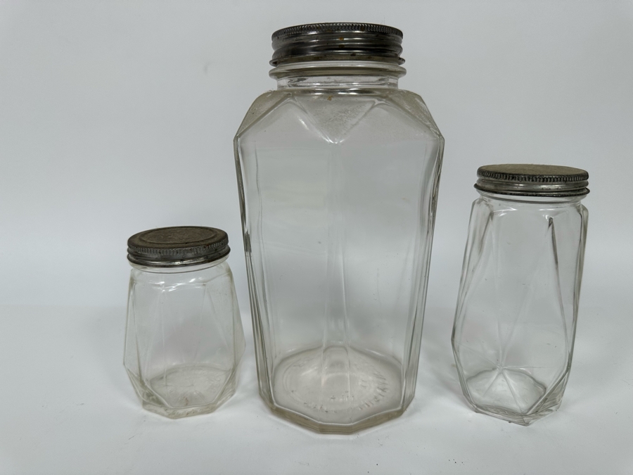Set Of Three Vintage Angular Glass Lidded Jars 4.5H - 8.5H [Photo 3]
