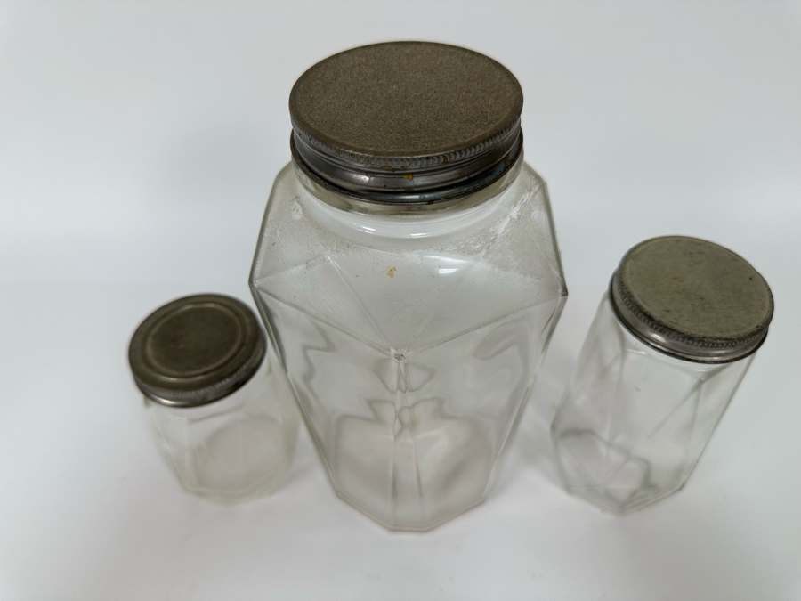 Set Of Three Vintage Angular Glass Lidded Jars 4.5H - 8.5H [Photo 4]
