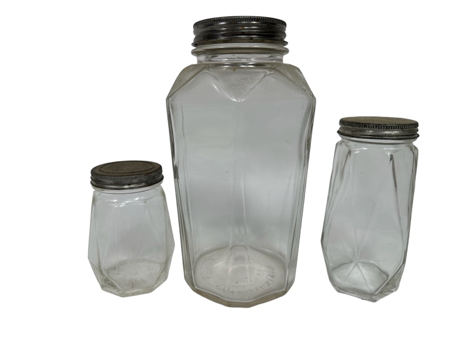 Set Of Three Vintage Angular Glass Lidded Jars 4.5H - 8.5H [Photo 1]