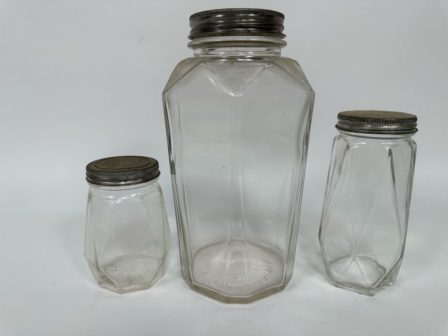 Set Of Three Vintage Angular Glass Lidded Jars 4.5H - 8.5H [Photo 2]