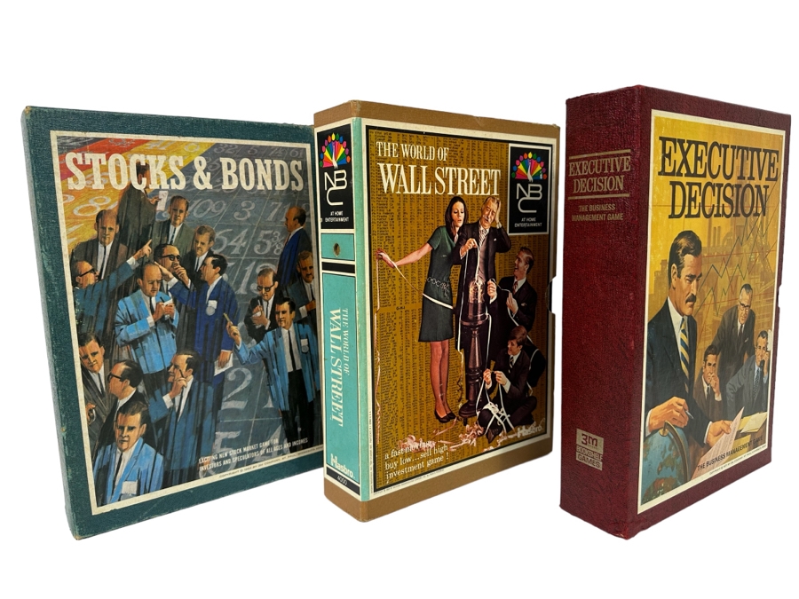 Three Vintage Bookshelf Financial Games: Stocks & Bonds, The World Of Wall Street And Executive Decision [Photo 1]