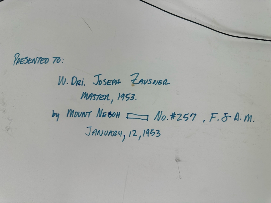 Vintage Masonic International Masonry Master Mason Apron 14 X 12 In Shadow Box Frame 24 X 20 Presented To W. Dri. Joseph Zausner Master, 1953 By Mount Neboh No. 257 [Photo 19]