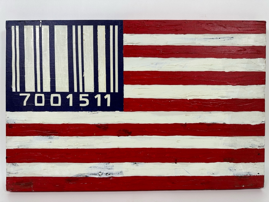 Original Painting On Canvas Of United States Flag With Barcode Signed Beldo 26.5 X 17.5 [Photo 3]