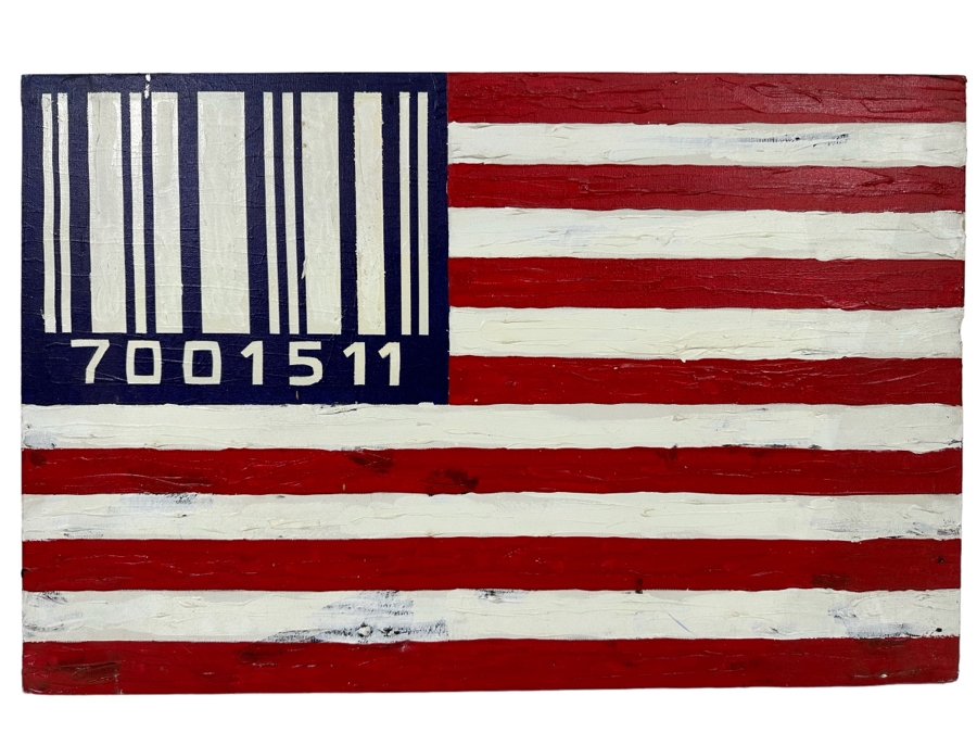 Original Painting On Canvas Of United States Flag With Barcode Signed Beldo 26.5 X 17.5 [Photo 1]
