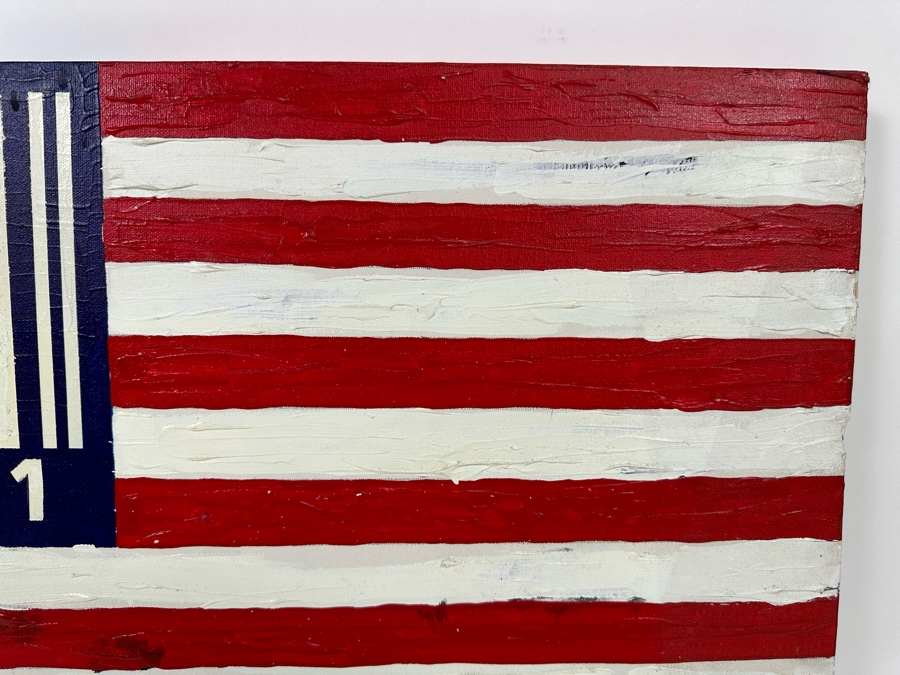 Original Painting On Canvas Of United States Flag With Barcode Signed Beldo 26.5 X 17.5 [Photo 5]