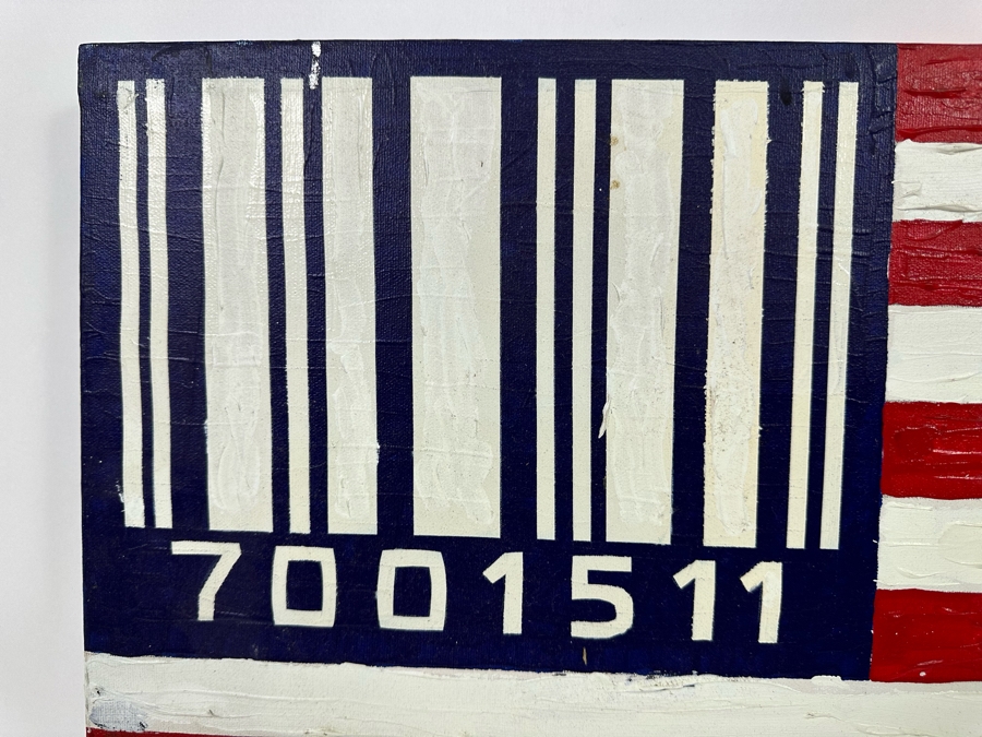 Original Painting On Canvas Of United States Flag With Barcode Signed Beldo 26.5 X 17.5 [Photo 4]