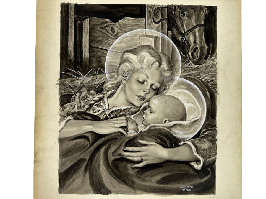 Original Howell Dodd (1910-2005, American) Illustration On Board Of Virgin Mary With Baby Jesus [Photo 2]