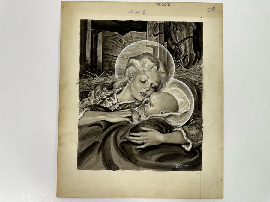 Original Howell Dodd (1910-2005, American) Illustration On Board Of Virgin Mary With Baby Jesus [Photo 3]