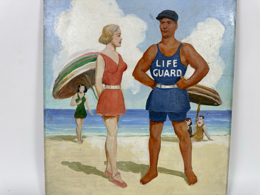 Vintage 1930 Original Painting On Board Life Guard Beach Scene 15 X 20 [Photo 5]