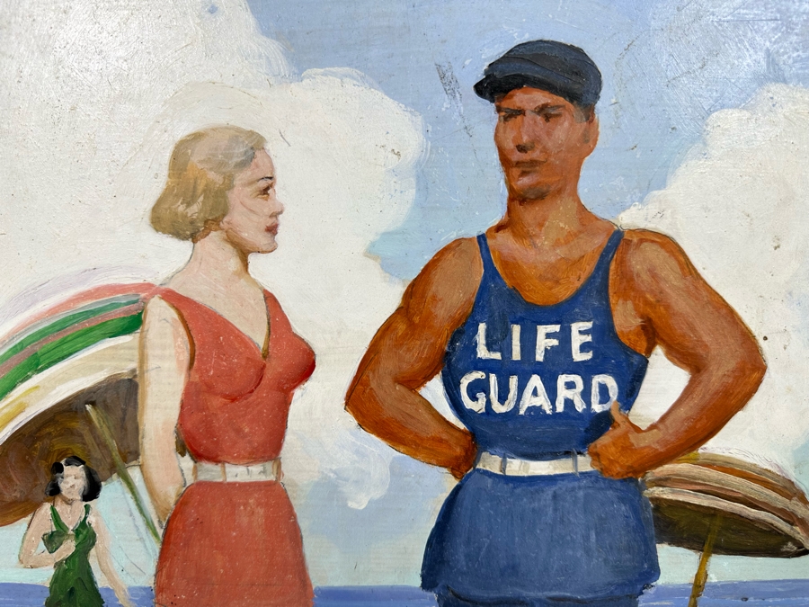 Vintage 1930 Original Painting On Board Life Guard Beach Scene 15 X 20 [Photo 6]