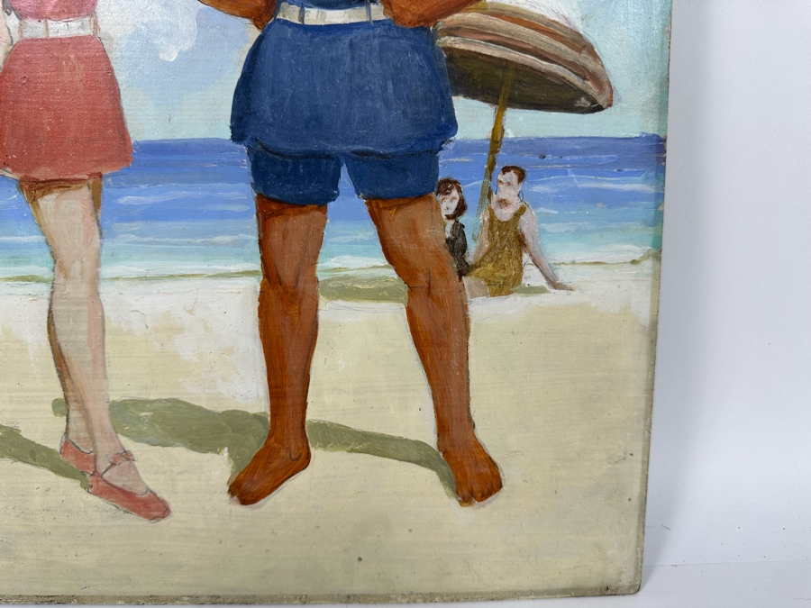 Vintage 1930 Original Painting On Board Life Guard Beach Scene 15 X 20 [Photo 9]