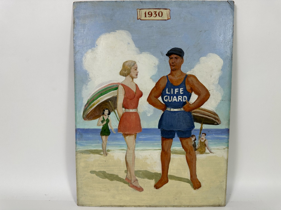 Vintage 1930 Original Painting On Board Life Guard Beach Scene 15 X 20 [Photo 2]