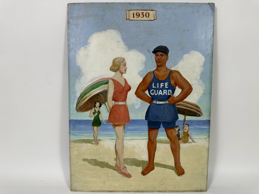 Vintage 1930 Original Painting On Board Life Guard Beach Scene 15 X 20 [Photo 3]