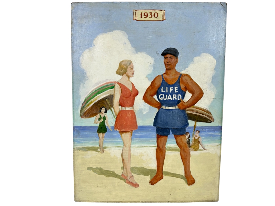 Vintage 1930 Original Painting On Board Life Guard Beach Scene 15 X 20 [Photo 1]