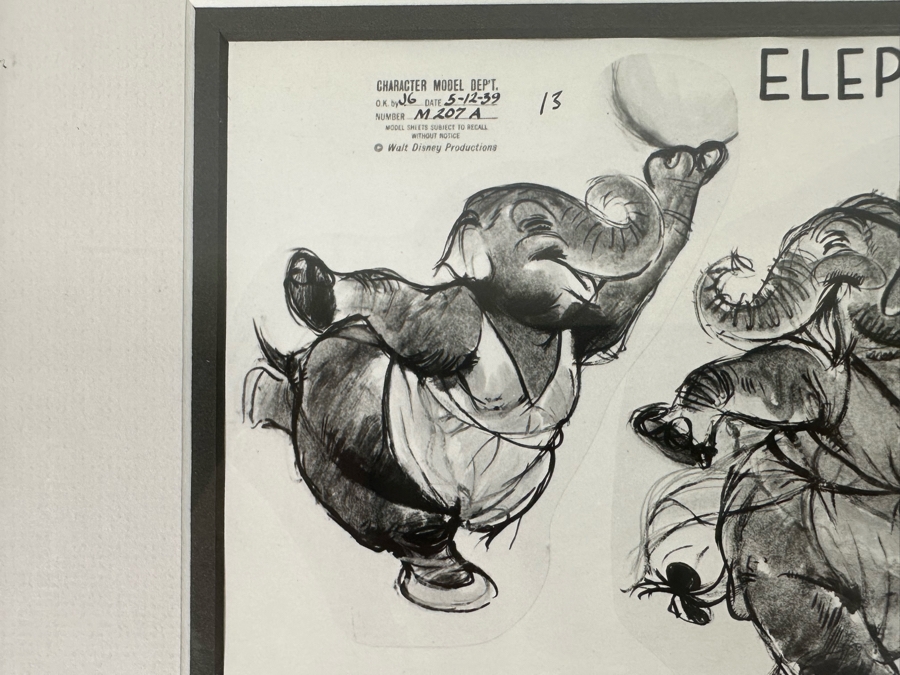 Vintage 1939 Walt Disney Productions Character Model Sheets Of Elephant Poses 'Dance Of The Hours' 1-039 No M 207 A 12.5W X 10.5H Framed 19.5 X 17 [Photo 4]