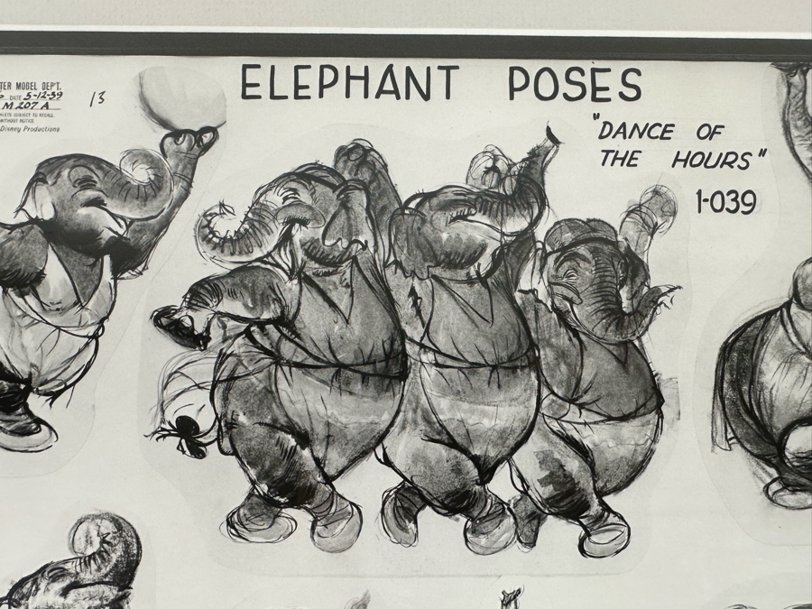 Vintage 1939 Walt Disney Productions Character Model Sheets Of Elephant Poses 'Dance Of The Hours' 1-039 No M 207 A 12.5W X 10.5H Framed 19.5 X 17 [Photo 6]