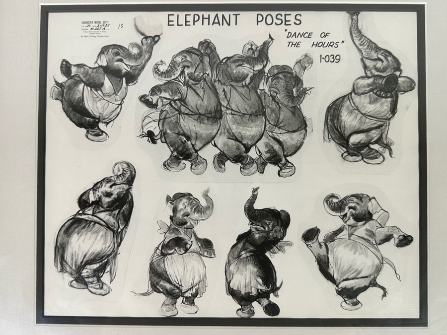 Vintage 1939 Walt Disney Productions Character Model Sheets Of Elephant Poses 'Dance Of The Hours' 1-039 No M 207 A 12.5W X 10.5H Framed 19.5 X 17 [Photo 1]