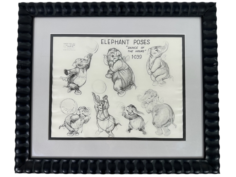 Vintage 1939 Walt Disney Productions Character Model Sheets Of Elephant Poses 'Dance Of The Hours' 1-039 No M 207 C 13.5W X 10.5H Framed 20 X 17 [Photo 2]