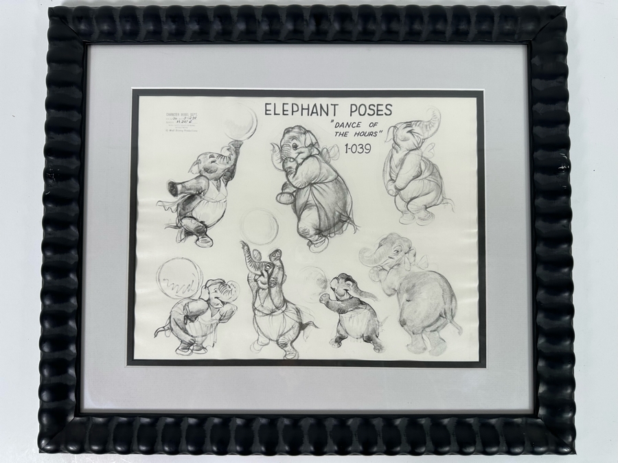 Vintage 1939 Walt Disney Productions Character Model Sheets Of Elephant Poses 'Dance Of The Hours' 1-039 No M 207 C 13.5W X 10.5H Framed 20 X 17 [Photo 3]