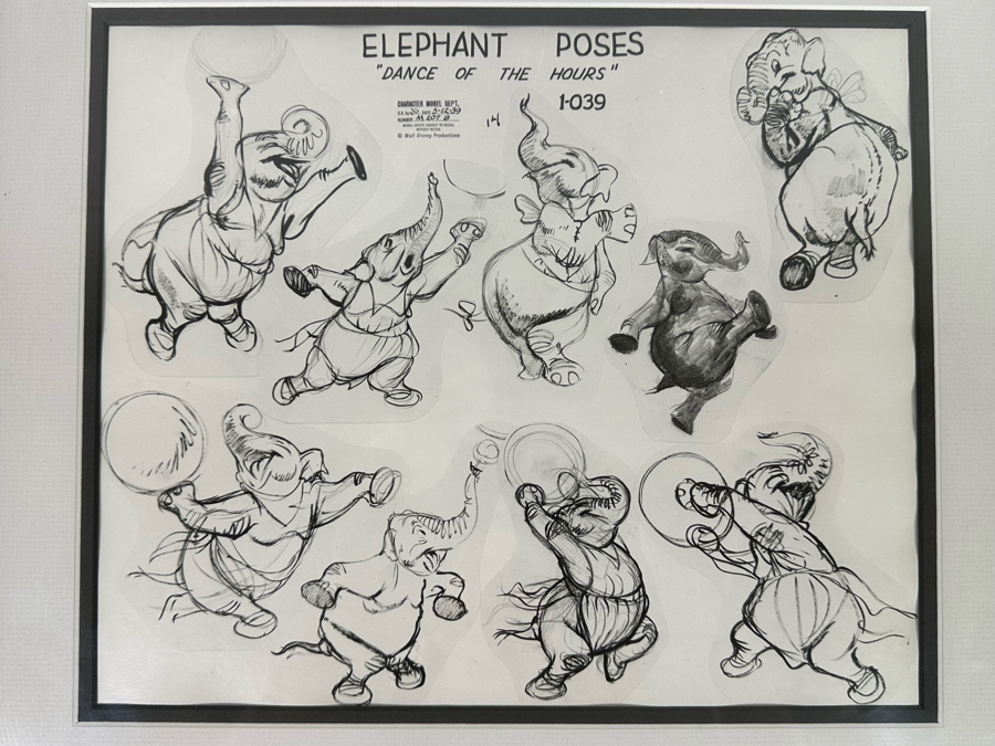 Vintage 1939 Walt Disney Productions Character Model Sheets Of Elephant Poses 'Dance Of The Hours' 1-039 No M 207 B 12.5W X 11H Framed 19 X 17 [Photo 4]