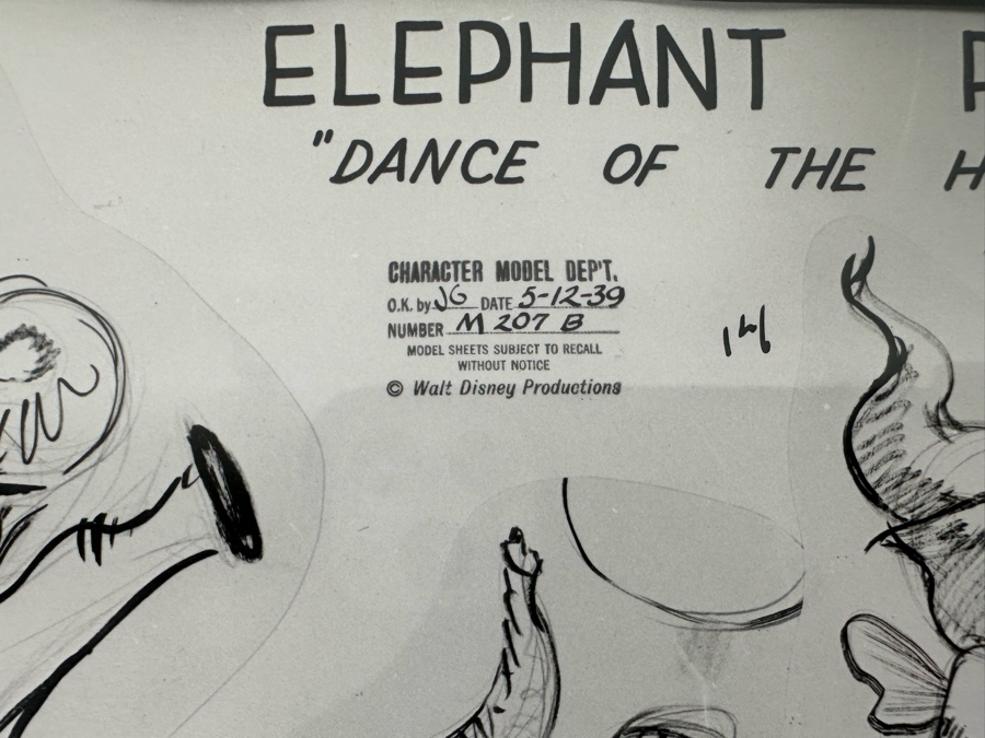 Vintage 1939 Walt Disney Productions Character Model Sheets Of Elephant Poses 'Dance Of The Hours' 1-039 No M 207 B 12.5W X 11H Framed 19 X 17 [Photo 6]