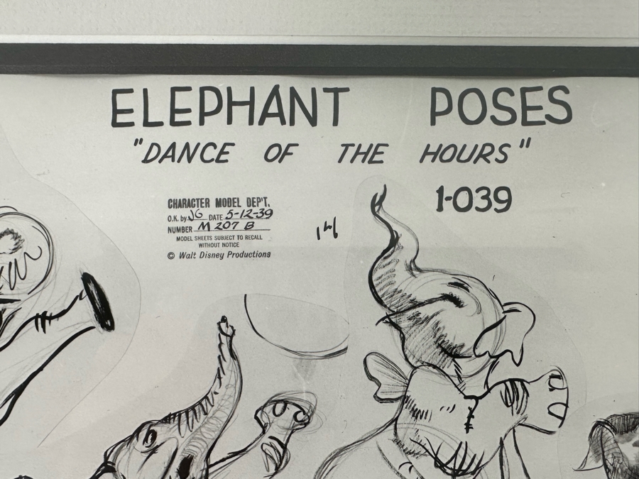 Vintage 1939 Walt Disney Productions Character Model Sheets Of Elephant Poses 'Dance Of The Hours' 1-039 No M 207 B 12.5W X 11H Framed 19 X 17 [Photo 5]